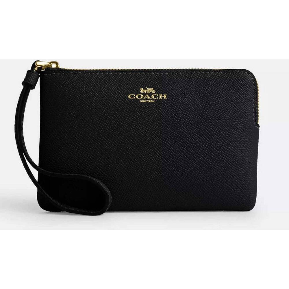 Coach Outlet Corner Zip Wristlet Crossgrain Leather - Black/Gold/Black